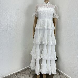 Vtg. Tokyo Japan Tiered Ruffle High Neck Prairie Wedding Dress M Boho Chic